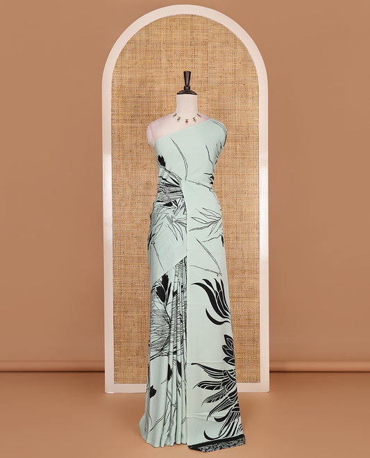 Borderless pastel green feather like floral motifs printed satin crepe saree, floral vine printed blouse