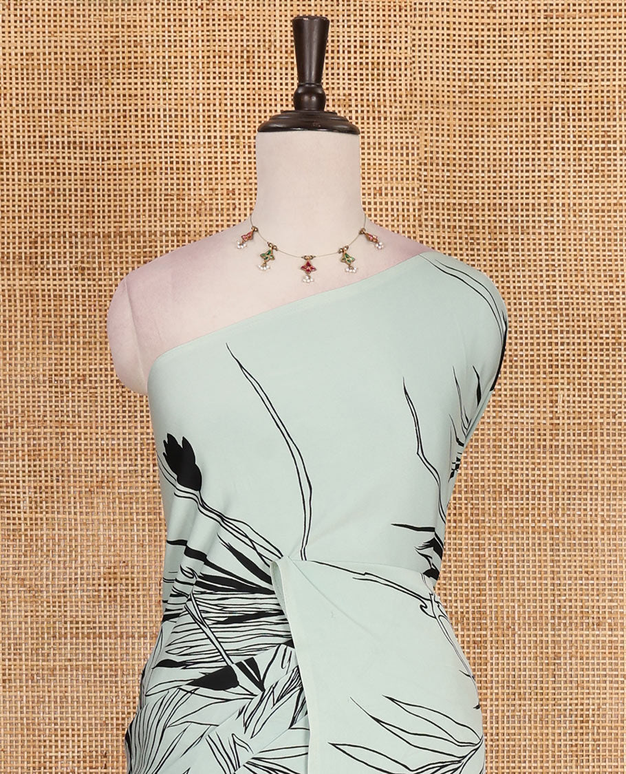Borderless pastel green feather like floral motifs printed satin crepe saree, floral vine printed blouse