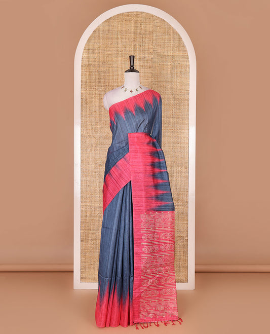 Blue full plain katan silk saree, contrast temple border, odisha style printed pallu, and contrast plain blouse