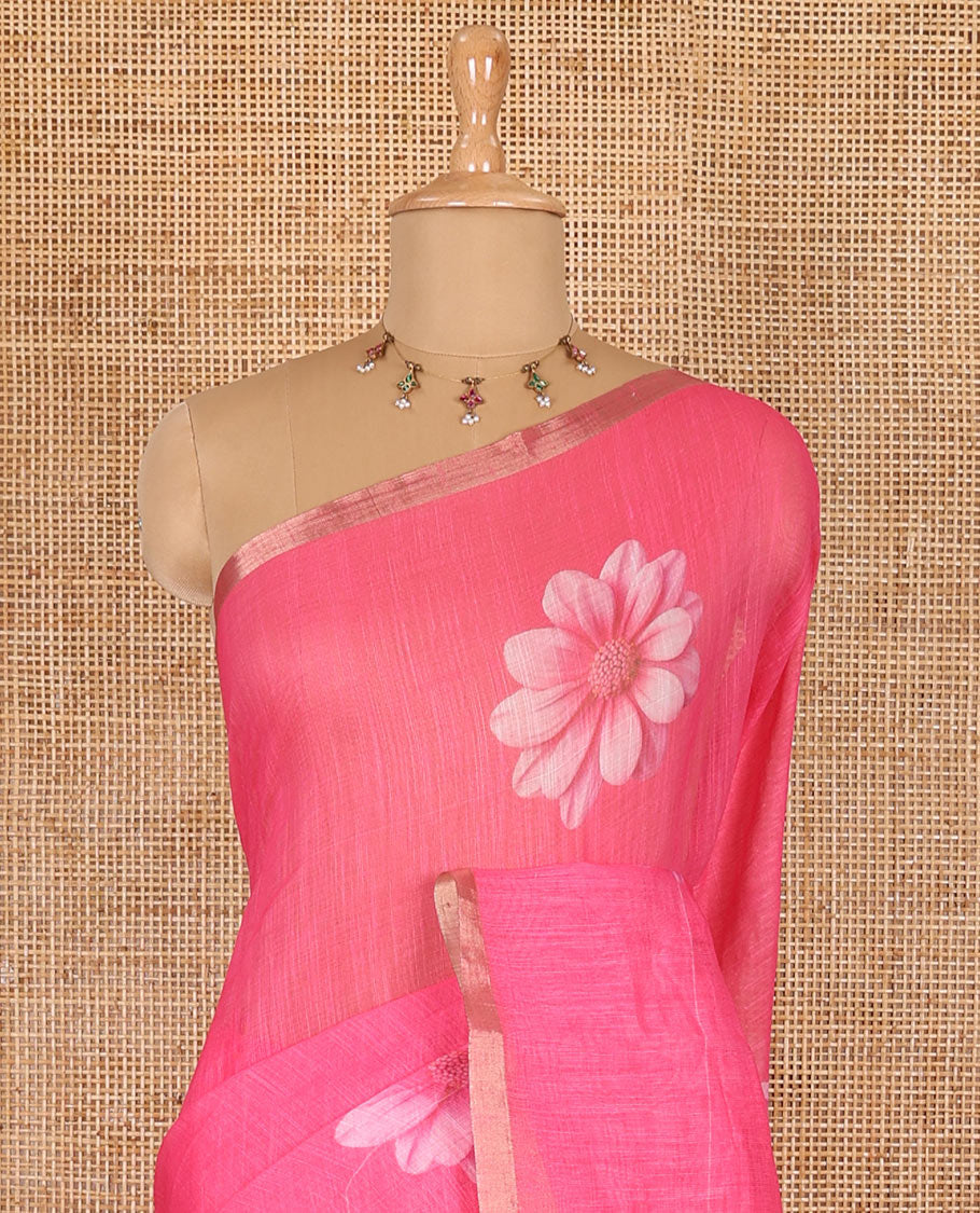 Pink daisy floral printed linen cotton saree, gold zari piping border, daisy floral printed pallu, and matching  floral printed blouse