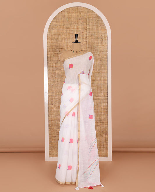White kite motifs printed linen cotton saree, piping zari border, kite motifs printed pallu, and a contrast ikkat style printed blouse