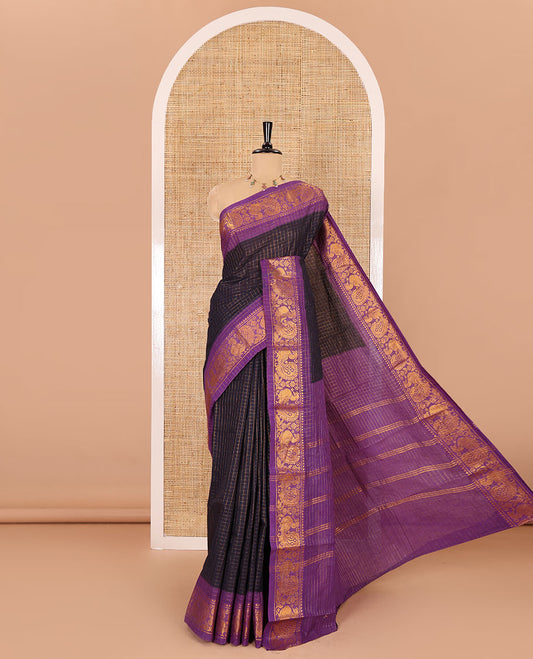 Blue checked sungudi cotton saree, contrast zari peacock motifs border, zari striped pallu, and a contrast zari design blouse