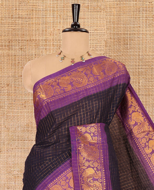 Blue checked sungudi cotton saree, contrast zari peacock motifs border, zari striped pallu, and a contrast zari design blouse