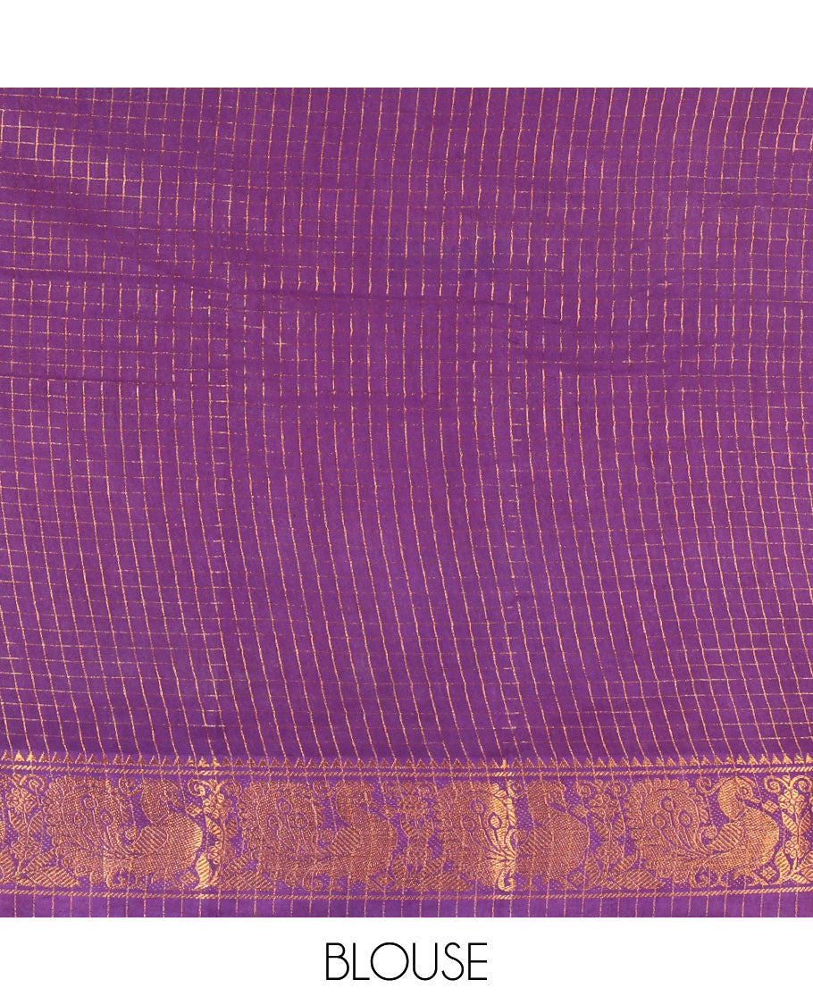 Blue checked sungudi cotton saree, contrast zari peacock motifs border, zari striped pallu, and a contrast zari design blouse