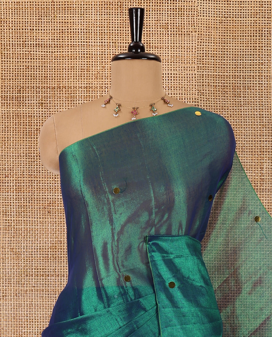 Borderless peacock mirror work khadi tissue saree, mirror work pallu, and a matching blouse