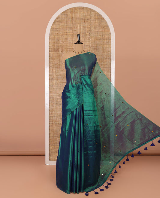 Borderless peacock mirror work khadi tissue saree, mirror work pallu, and a matching blouse
