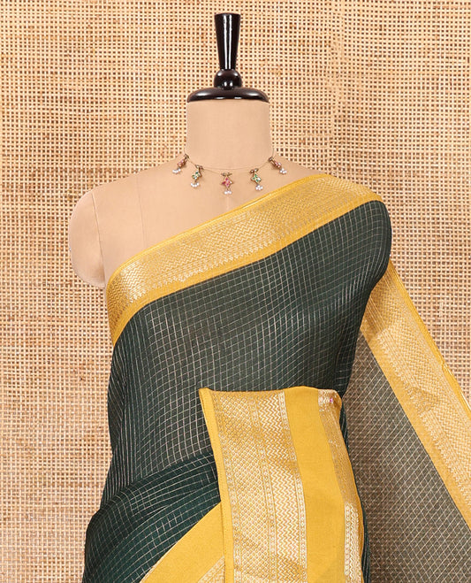 Green checked moss chiffon saree with contrast traditional zari design border, checked pallu, and a contrast zari design blouse