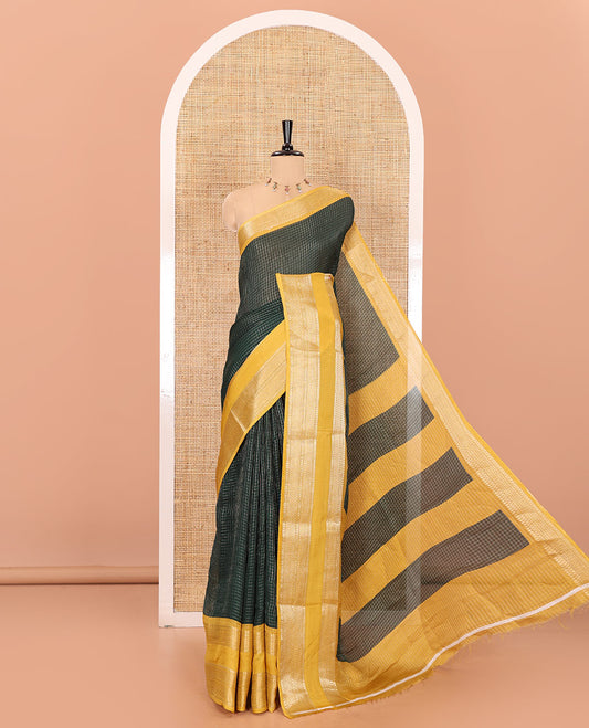 Green checked moss chiffon saree with contrast traditional zari design border, checked pallu, and a contrast zari design blouse