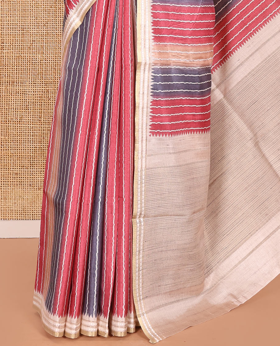 Pink Semi-Tussar Saree Colorfully Printed with Zig-Zag Stripes, Subtly Woven with a Resham Thread Temple Border, Featuring a Heathered Pallu, Paired with a Contrast Striped Blouse
