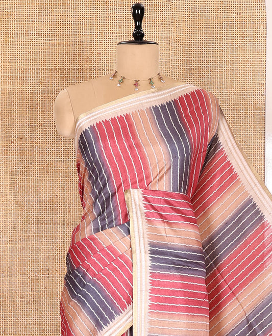 Pink Semi-Tussar Saree Colorfully Printed with Zig-Zag Stripes, Subtly Woven with a Resham Thread Temple Border, Featuring a Heathered Pallu, Paired with a Contrast Striped Blouse