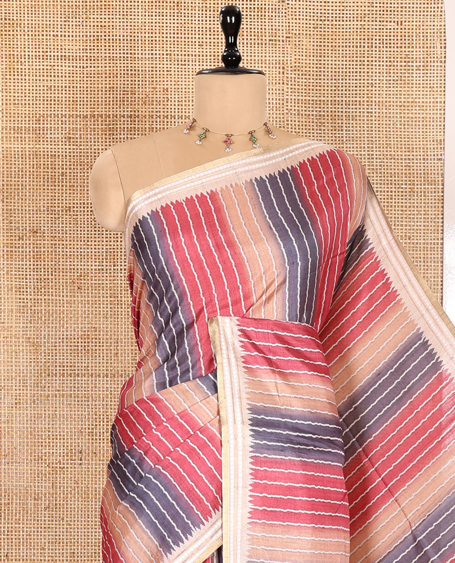 Pink Semi-Tussar Saree Colorfully Printed with Zig-Zag Stripes, Subtly Woven with a Resham Thread Temple Border, Featuring a Heathered Pallu, Paired with a Contrast Striped Blouse