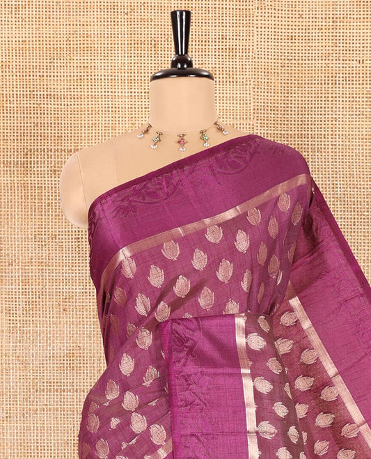 Purple Semi-Tussar Saree Adorned with Copper Zari Floral Bud Motifs, Featuring a Floral Creeper Embossed Border, Complemented by a Contrast Pallu Adorned with Floral Bud Motifs, and Paired with a Contrast Blouse