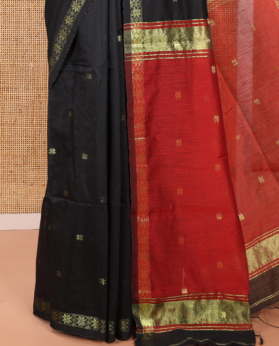 Black  Kota Cotton Saree Decorated with Star-Style Zari Motifs All Over Its Body, Complemented by a Self-Border of Star Motifs, a Captivating Contrast Pallu of the Same Star Motifs, and a Contrast Blouse