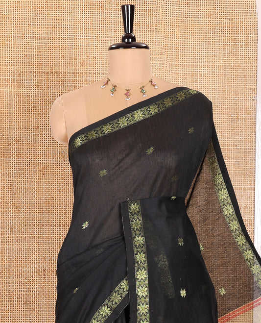 Black  Kota Cotton Saree Decorated with Star-Style Zari Motifs All Over Its Body, Complemented by a Self-Border of Star Motifs, a Captivating Contrast Pallu of the Same Star Motifs, and a Contrast Blouse
