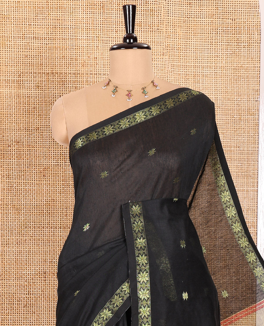 Black  Kota Cotton Saree Decorated with Star-Style Zari Motifs All Over Its Body, Complemented by a Self-Border of Star Motifs, a Captivating Contrast Pallu of the Same Star Motifs, and a Contrast Blouse