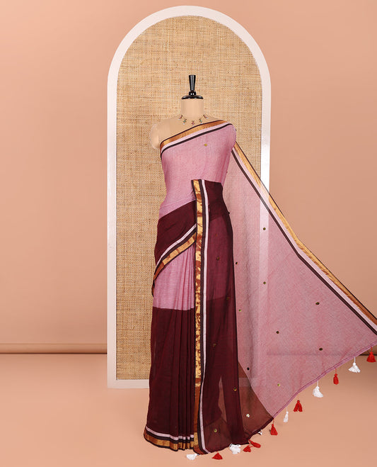 Light Pink and Maroon Khadi Mul Cotton Saree, Prettified with Double-Color Half-And-Half-Style Jamki Work, Complemented by Contrast Zari Border, and Paired with a Matching Blouse