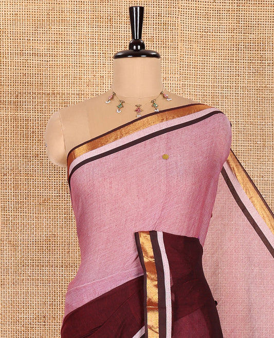Light Pink and Maroon Khadi Mul Cotton Saree, Prettified with Double-Color Half-And-Half-Style Jamki Work, Complemented by Contrast Zari Border, and Paired with a Matching Blouse