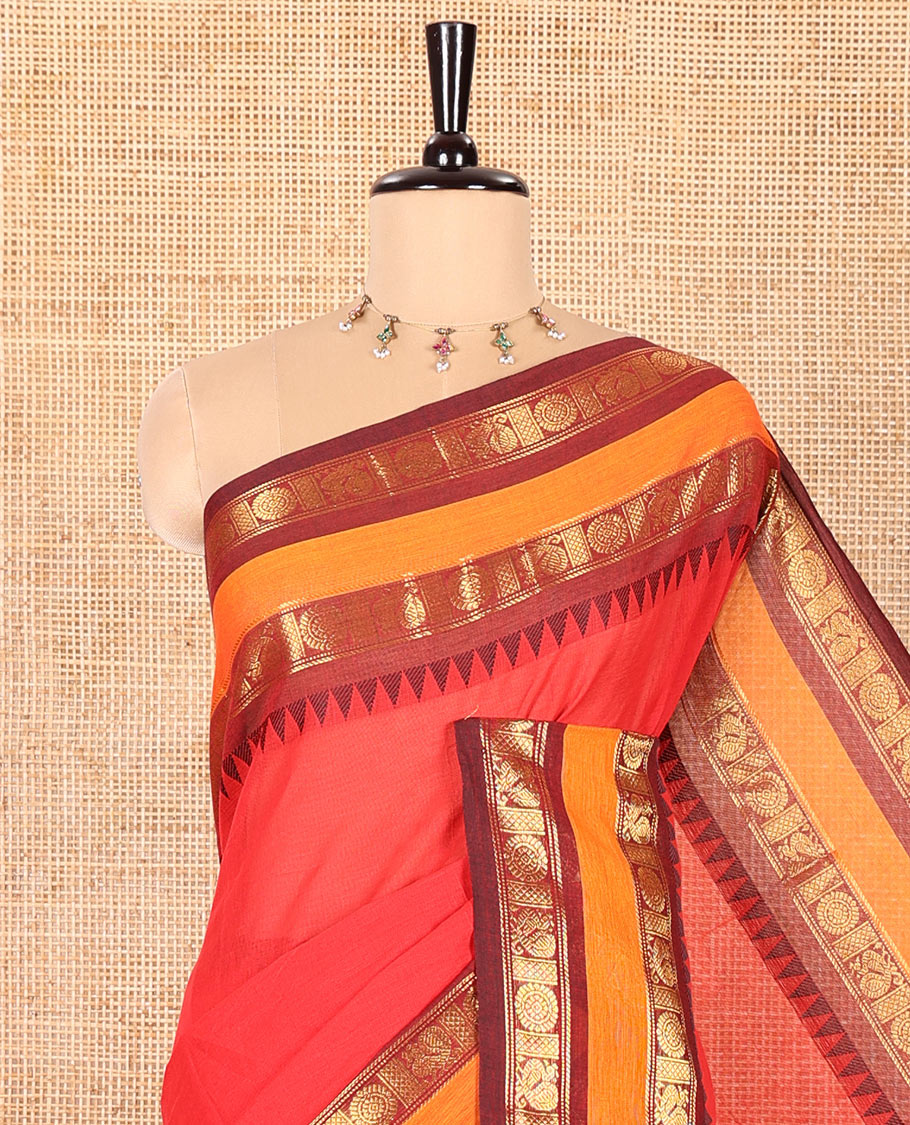 Red Plain Chettinad Cotton Saree, Complemented by Contrast Rettai Pettu Temple Border of Peacock Chakram Designs, Gleaming Striped Pallu, and Paired with a Matching Blouse
