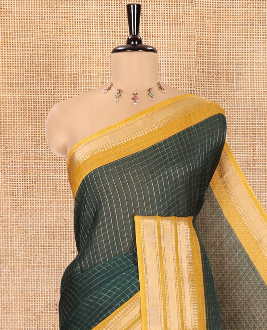 Green Moss Chiffon Saree, Accentuated with Zari Checks All Over Its Body, Complemented by a Contrast Traditional Zari Design Border, Zari Striped Pallu, and Paired with a Contrast Blouse