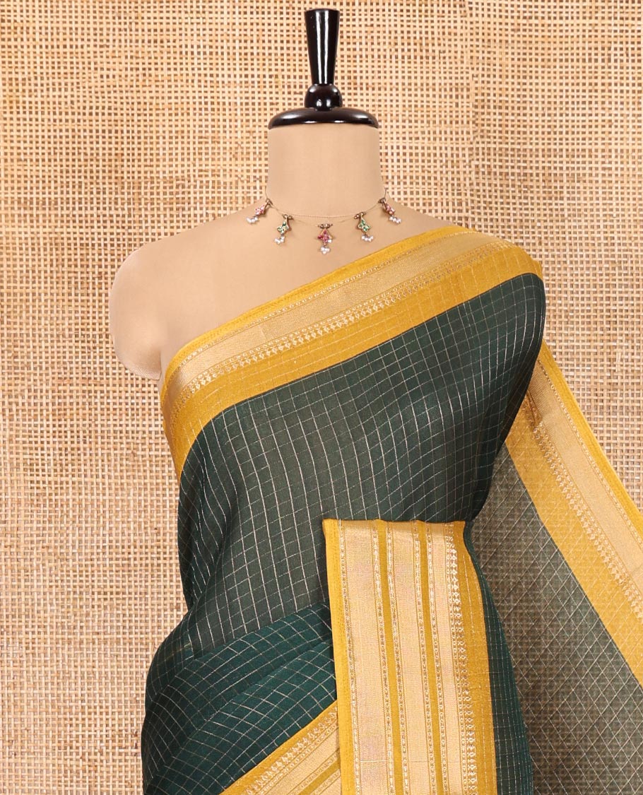 Green Moss Chiffon Saree, Accentuated with Zari Checks All Over Its Body, Complemented by a Contrast Traditional Zari Design Border, Zari Striped Pallu, and Paired with a Contrast Blouse