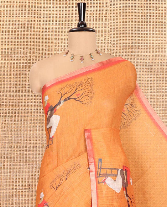 Orange Linen Cotton Saree, Depicting Men with a Guitar Motif Printed All Over Its Body, Complemented by Contrast Piping Border, Pallu Pictures a Men with a Guitar Motif, and Paired with a Contrast Blouse