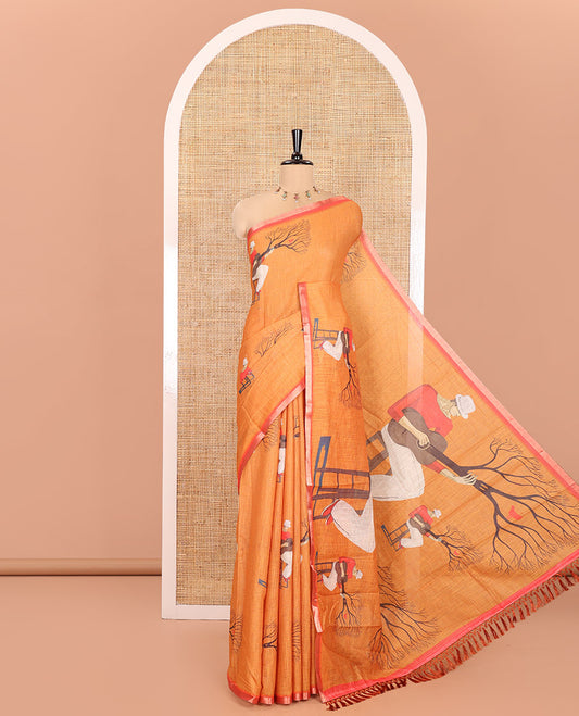 Orange Linen Cotton Saree, Depicting Men with a Guitar Motif Printed All Over Its Body, Complemented by Contrast Piping Border, Pallu Pictures a Men with a Guitar Motif, and Paired with a Contrast Blouse