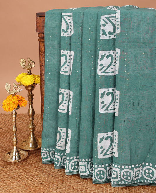 Green pathick printed sequins work masraise cotton saree with lace printed border & pathiick print rich pallu along with running blouse
