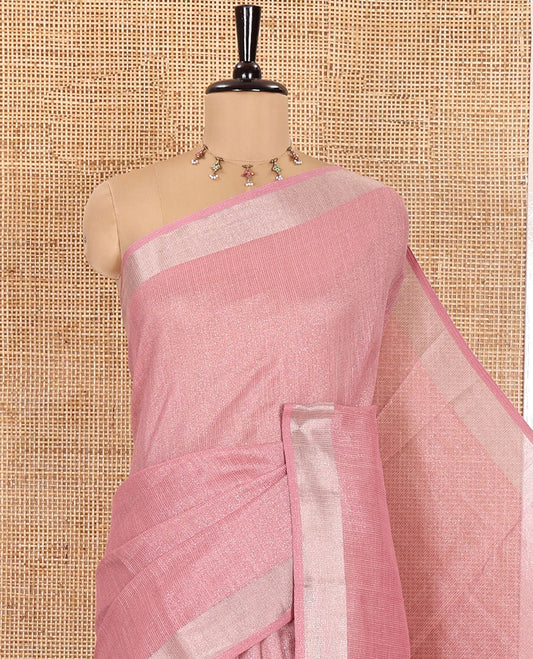 Pink Tissue Saree, Gleamed Up with Zari Striped on Its Body, Highlighted by a Zari Border, Pallu Steeped with Zari Stripes, and Paired with a Matching Blouse