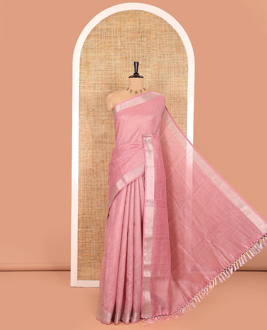 Pink Tissue Saree, Gleamed Up with Zari Striped on Its Body, Highlighted by a Zari Border, Pallu Steeped with Zari Stripes, and Paired with a Matching Blouse