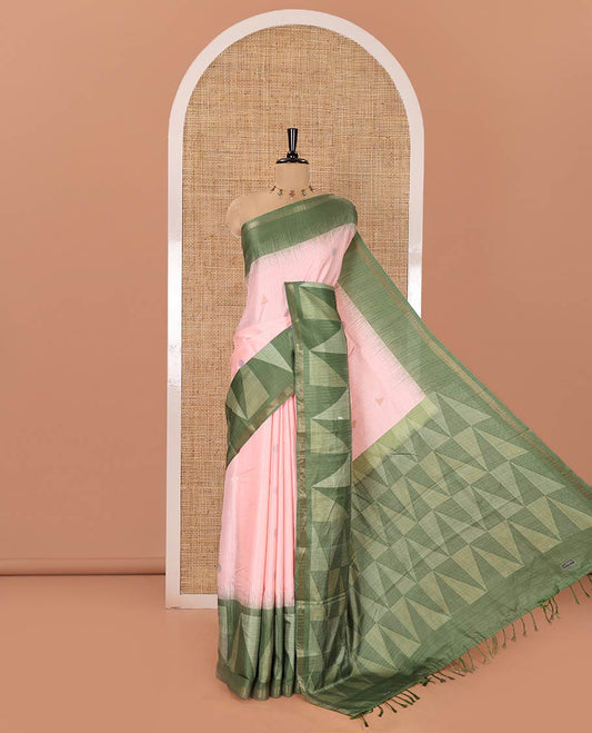 Pink and Green Semi-Tussar Saree, Subtly Sparkled with Stripes, Temple Motifs, and Circle Motifs on Its Body, Complemented by a Contrast Border, and Pallu of Geometric Print, and Paired with a Contrast Blouse