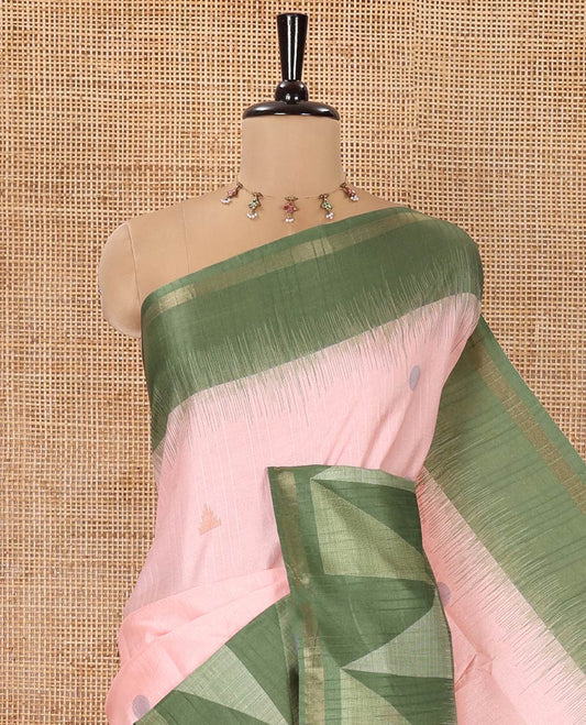 Pink and Green Semi-Tussar Saree, Subtly Sparkled with Stripes, Temple Motifs, and Circle Motifs on Its Body, Complemented by a Contrast Border, and Pallu of Geometric Print, and Paired with a Contrast Blouse