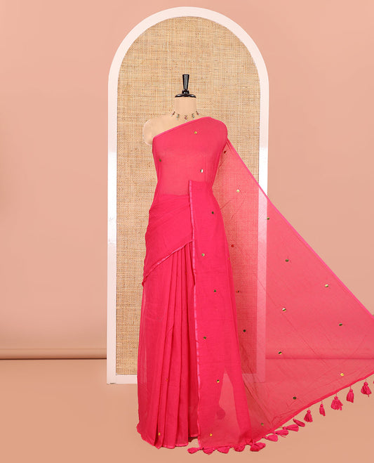 Borderless Rani Pink Khadi Mul Cotton Saree, Subtly Sparkled with Sequin Work on Its Body and Pallu, and Paired with a Matching Blouse