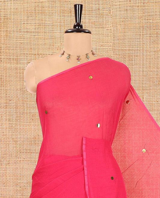 Borderless Rani Pink Khadi Mul Cotton Saree, Subtly Sparkled with Sequin Work on Its Body and Pallu, and Paired with a Matching Blouse