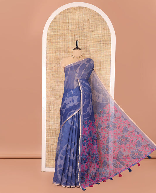 Purple Linen Cotton Saree, Adorned with Shibori Prints on Its Body, Subtle Contrast Piping Border, Pallu of Floral Print, and Paired with a Matching Blouse