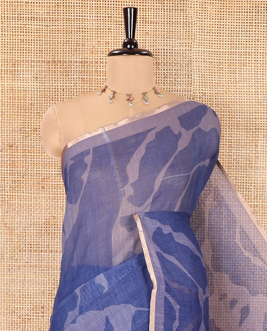 Purple Linen Cotton Saree, Adorned with Shibori Prints on Its Body, Subtle Contrast Piping Border, Pallu of Floral Print, and Paired with a Matching Blouse