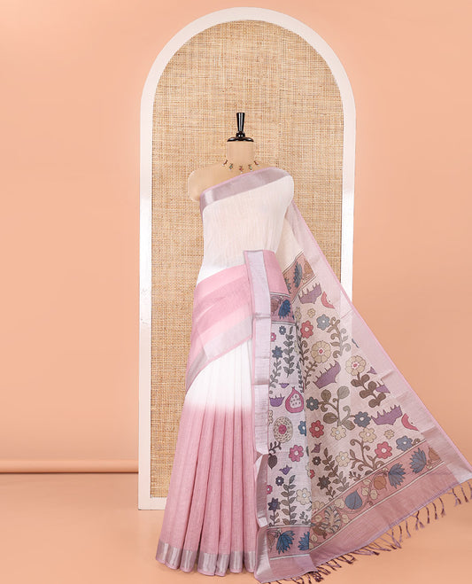 Cream and Pink Linen Cotton Saree, Beautified with Ombre-Style Double-Color Print, Highlighted by Contrast Zari Bavanji Border, Pallu Pictures Floral Prints, and Paired with a Floral Printed Blouse