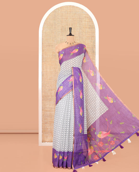 Off-White Violet Linen Cotton Saree, Decked Up with Geometric Print on Its Body, Complemented by a Contrast Border of Macaw Parrot Print, Pallu of Floral and Macaw Parrot Print, and Paired with a Contrast Blouse