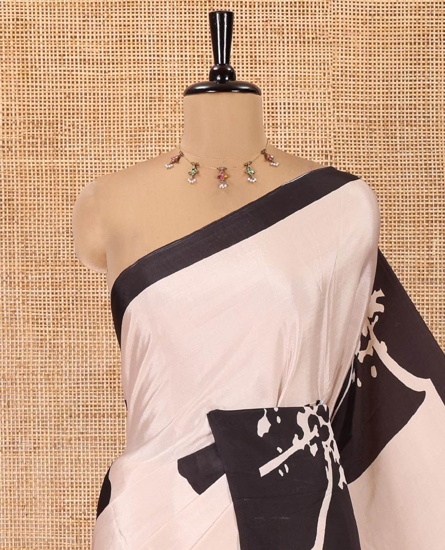 Cream Satin Crepe Saree, Beautified with Floral Motifs Printed on Its Body, Complemented by a Contrast Border, Floral Printed Pallu, and Paired with a Satin Printed Blouse