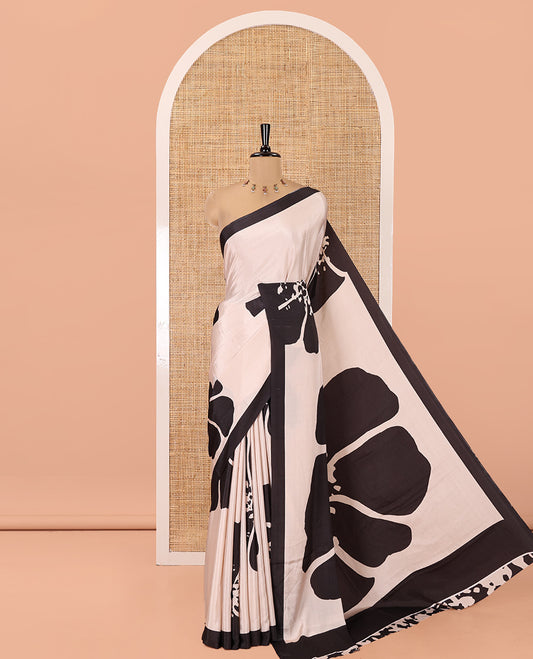 Cream Satin Crepe Saree, Beautified with Floral Motifs Printed on Its Body, Complemented by a Contrast Border, Floral Printed Pallu, and Paired with a Satin Printed Blouse