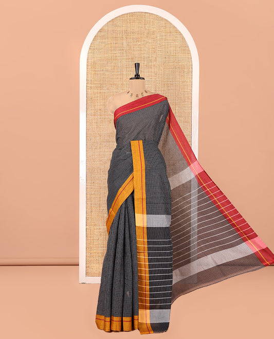 Black-Mustard-Red Chettinad Cotton Saree, Subtly Sparkled with Checks, Contrast Ganga-Jamuna Border, Striped Pallu, and No Blouse