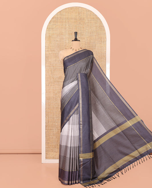 Grey Katan Silk Saree, Adorned with 3d-Style Print and Dotted-Style on Its Body, Complemented by Contrast Border, Pallu Steeped with Buttas, and Paired with a Contrast Blouse