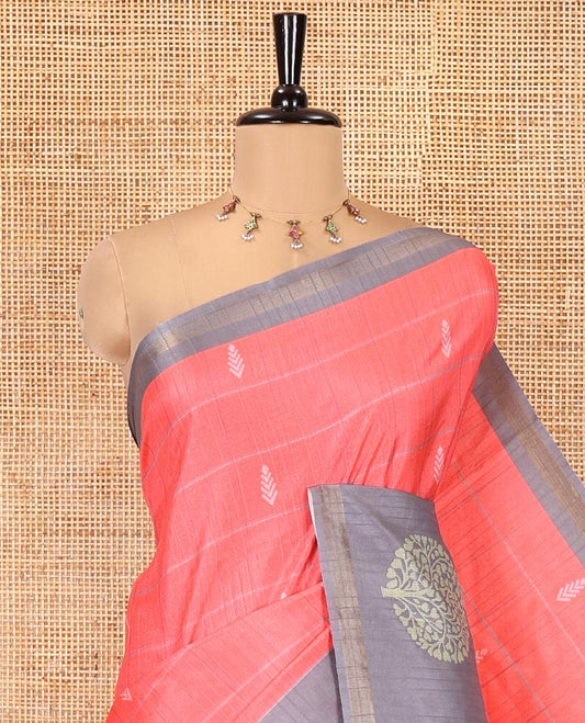 Pink Katan Silk Saree, Adorned with Butta Enclosed Checks on Its Body, Complemented by a Contrast Border of Tree Motifs, Jaal Pallu, and Paired with a Contrast Blouse
