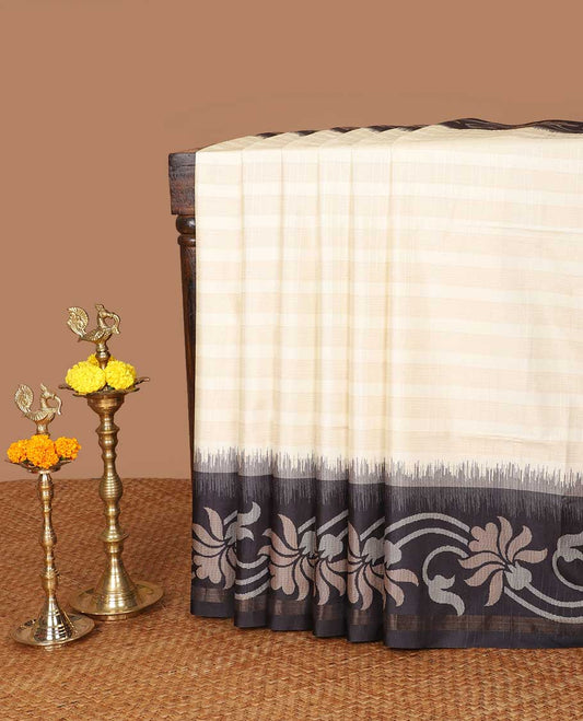 Cream with Black cross striped kathan silk saree with floral digital printed border & floral printed pallu along with printed blouse