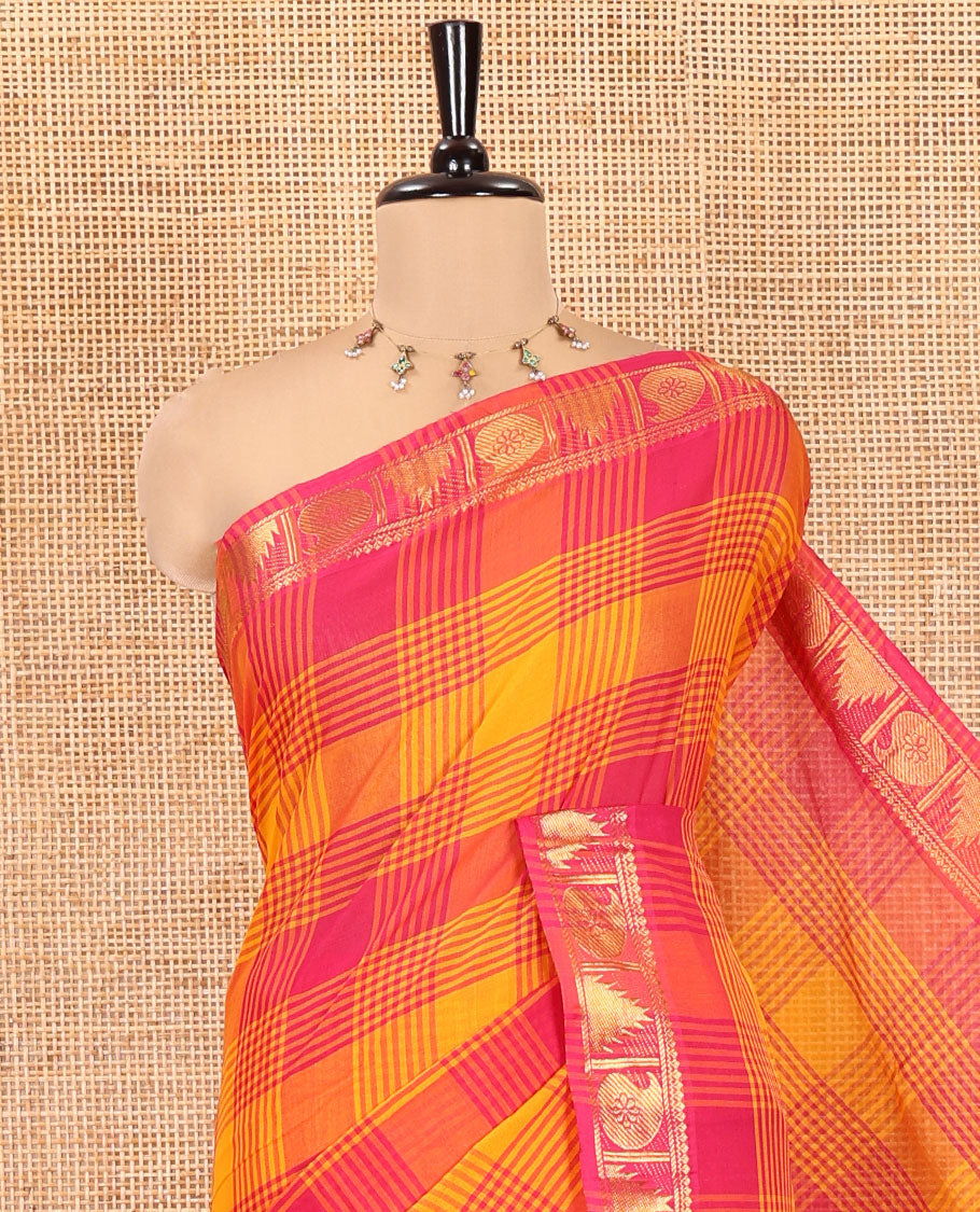 Yellow-Pink Chettinad Cotton Saree Features Checks, a Zari Border of Temple and Paisley Designs, Matching Blouse