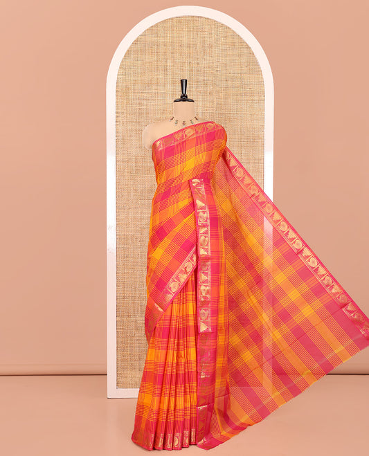 Yellow-Pink Chettinad Cotton Saree Features Checks, a Zari Border of Temple and Paisley Designs, Matching Blouse