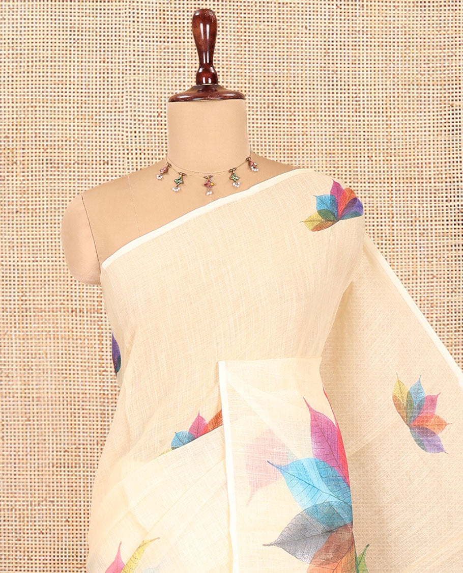 Sandal Linen-Cotton Saree Features Kaleidoscope-Colored Leaf Motifs Print and a Matching Blouse