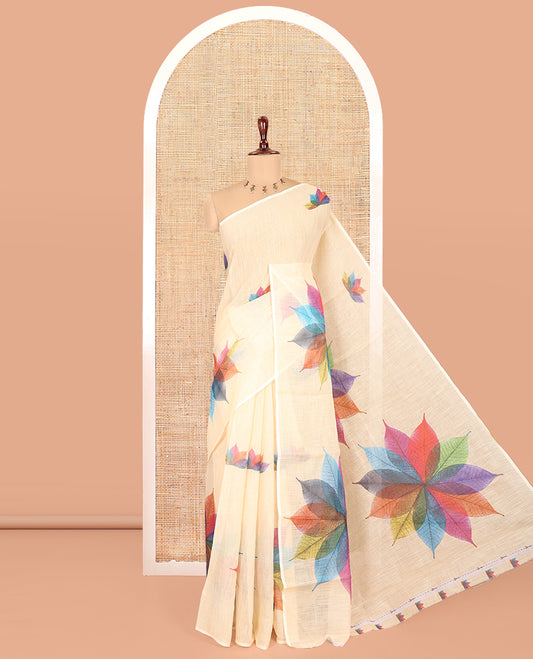 Sandal Linen-Cotton Saree Features Kaleidoscope-Colored Leaf Motifs Print and a Matching Blouse