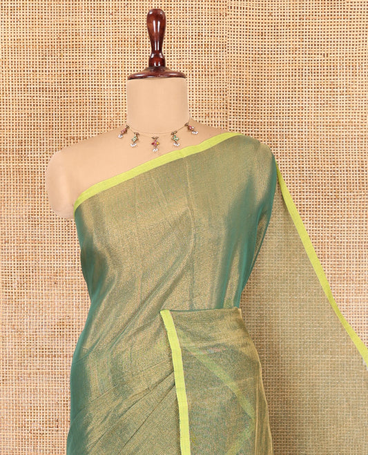 Borderless Green Plain Khadi Tissue Saree, a Self-Striped Pallu, and a Matching Blouse