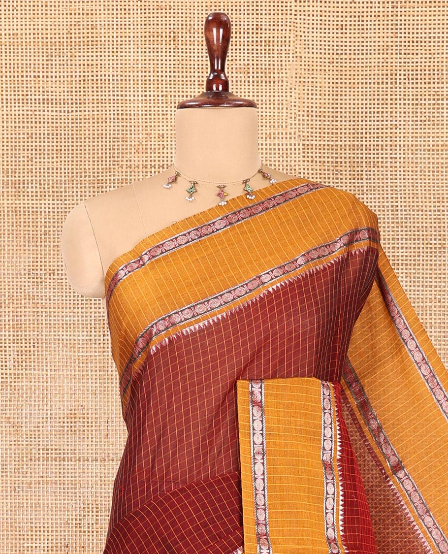 Maroon Checked Mercerised Cotton Saree, Contrast Rettai Pettu Rudraksham-Temple Border, a Self-Pallu and a Matching Blouse