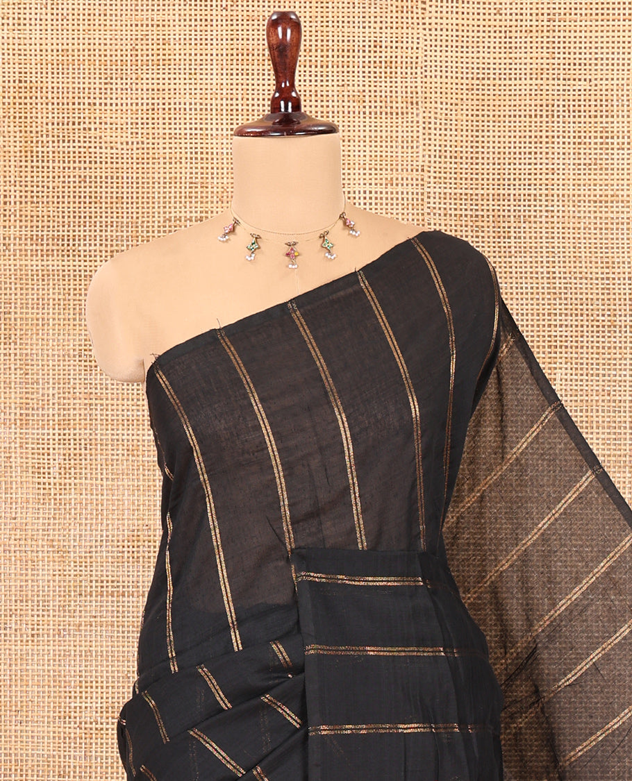 Borderless Black Khadi Cotton Saree Features Double Stripes, a Self-Pallu of Tassels, and a Matching Blouse